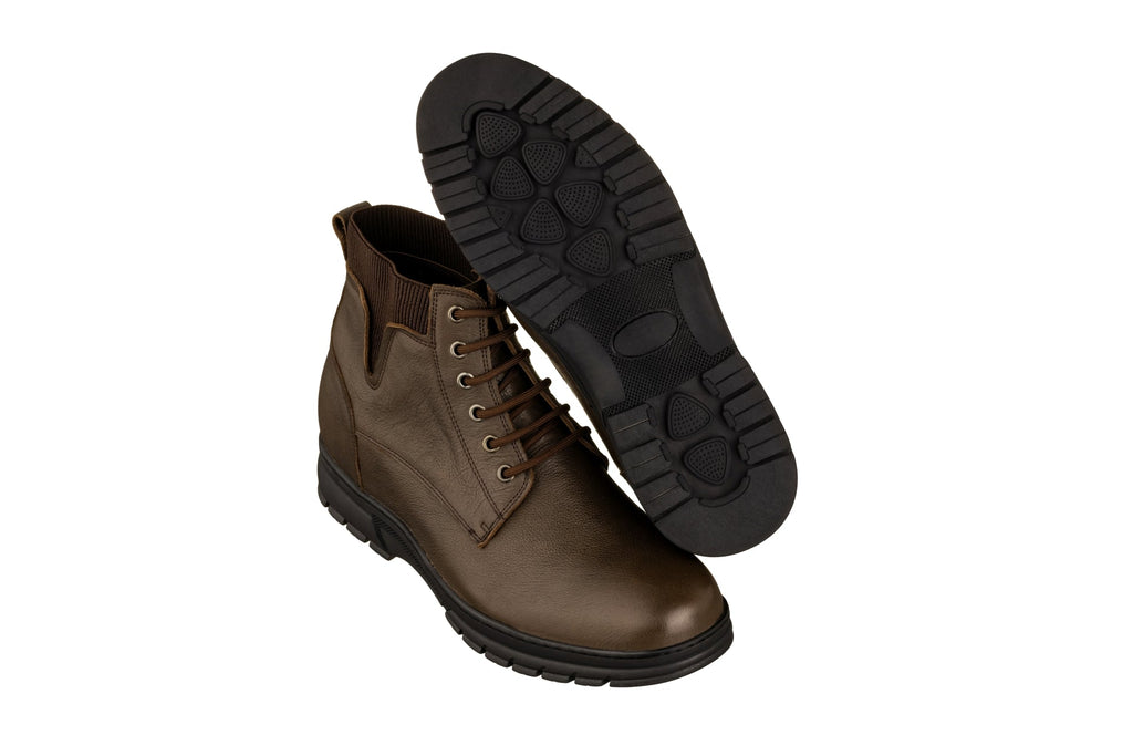 Chocolate brown work boot showing treaded outsole underside and lace-up upper