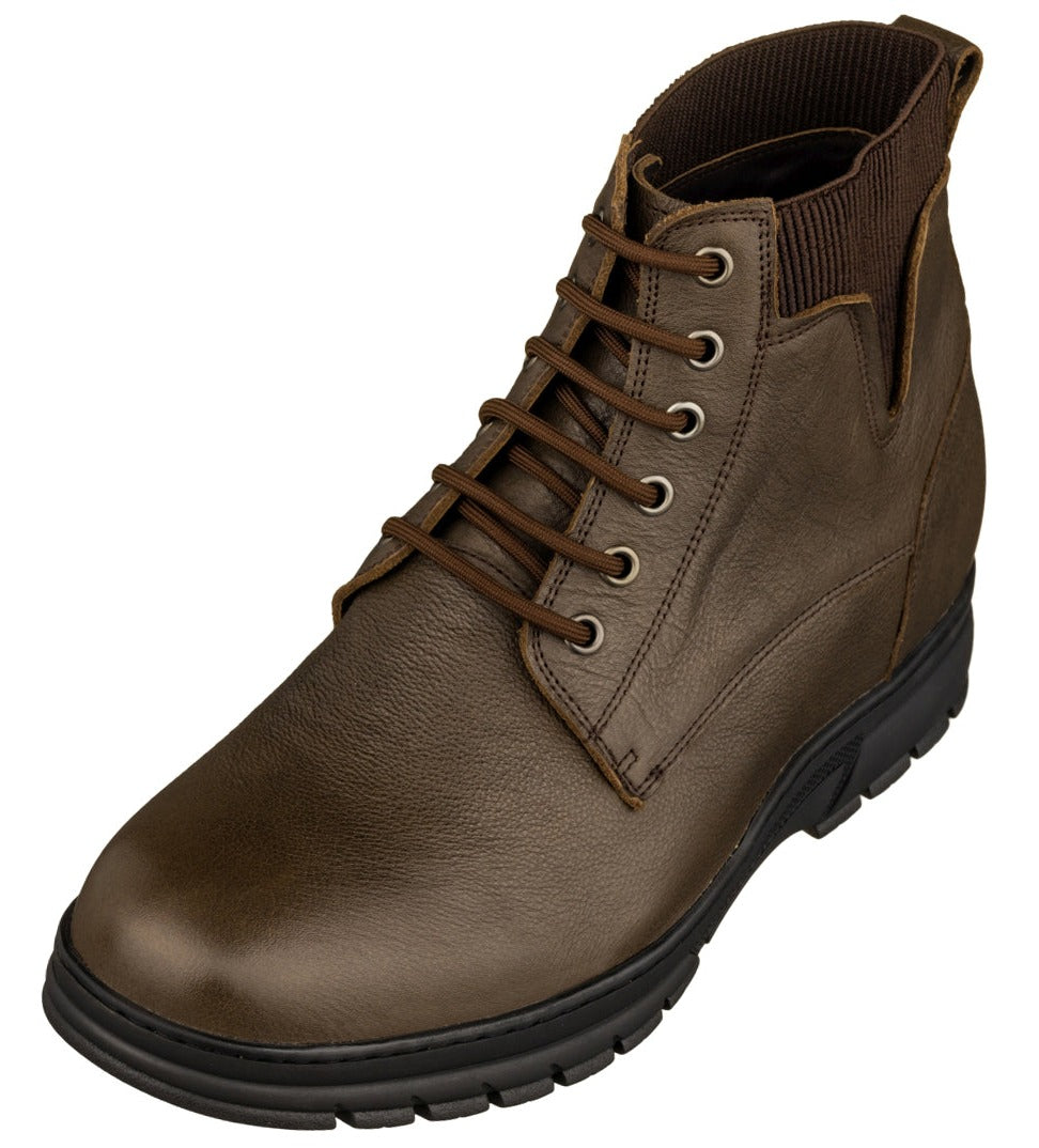 Chocolate brown lace-up high-top work boot with side panel stitching and rubber sole
