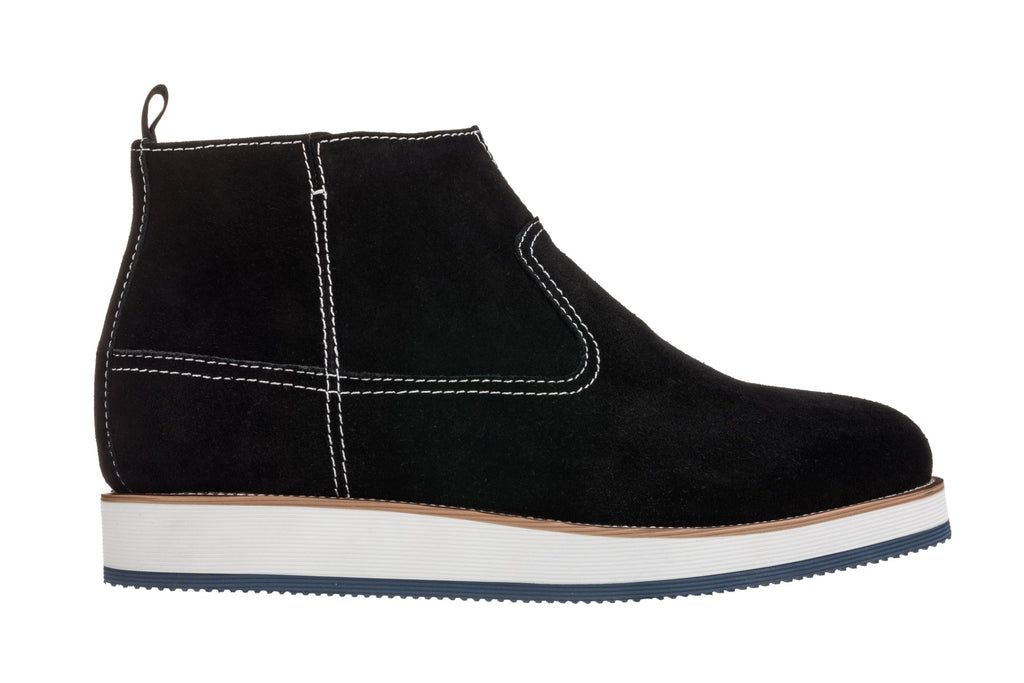 Black nubuck chelsea-style zipper boots with white stitching and cushioned sole