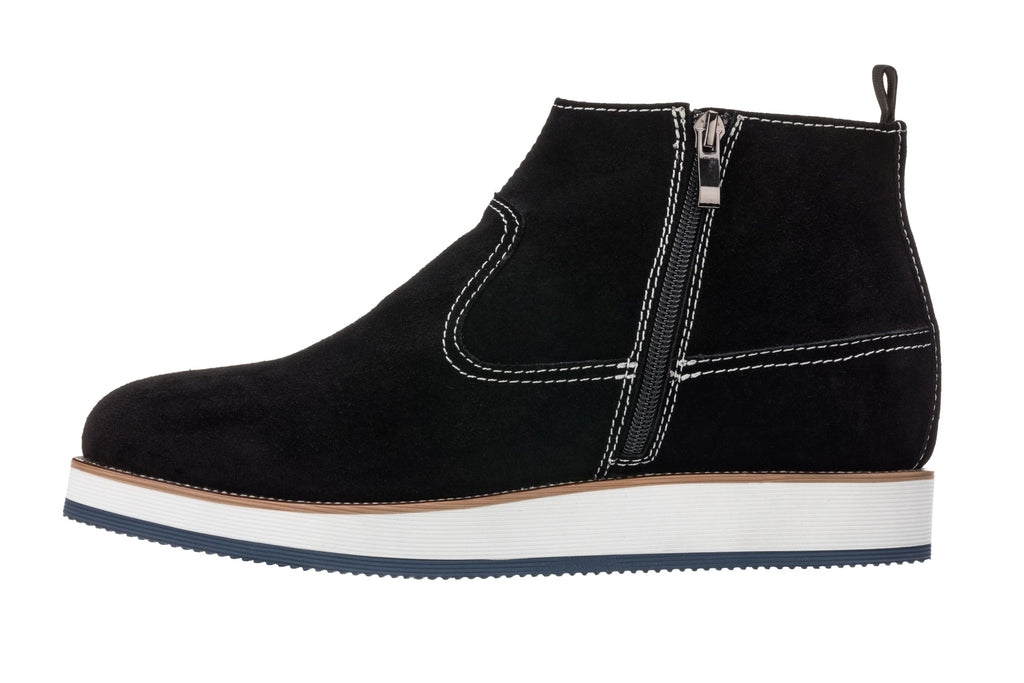 Black nubuck mid-calf zipper boots with curved side gore and contrast stitching