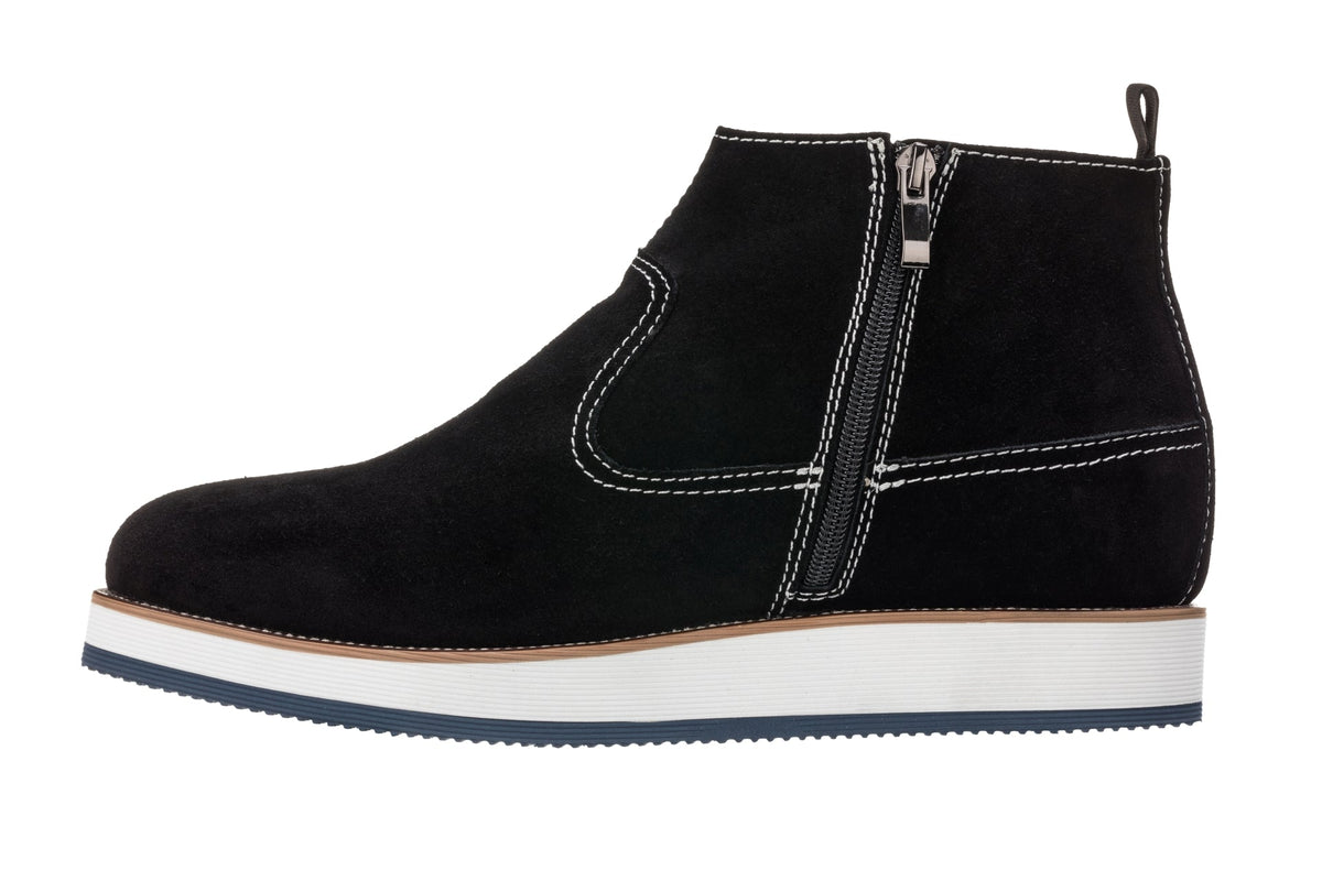 Black nubuck mid-calf zipper boots with curved side gore and contrast stitching