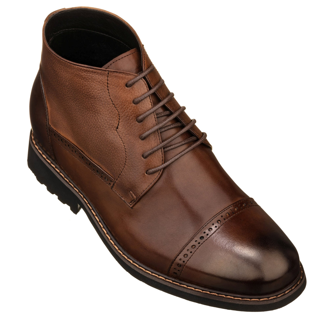 Coffee brown lace-up ankle boots with rubber sole and stitched toe cap