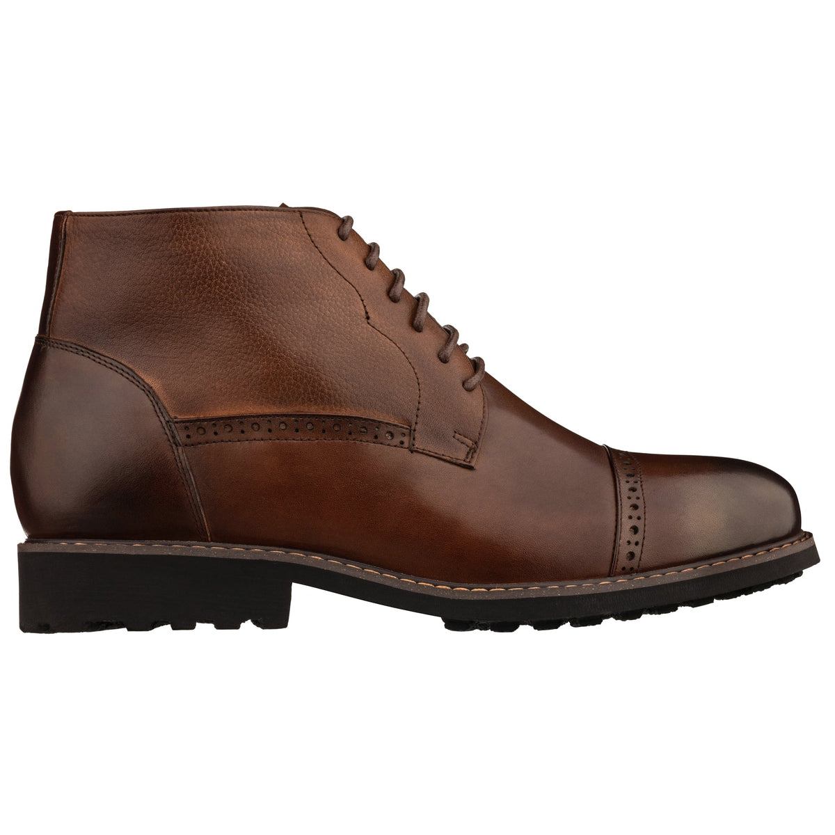 Brown lace-up ankle boots with brogue-style side panel and black rubber sole