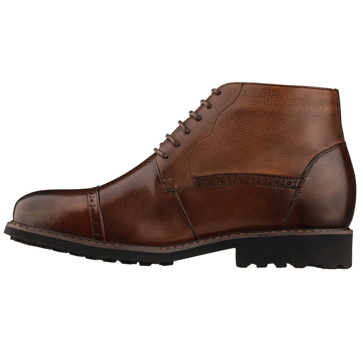 Brown leather lace-up chukka boots with side stitching and rugged rubber sole