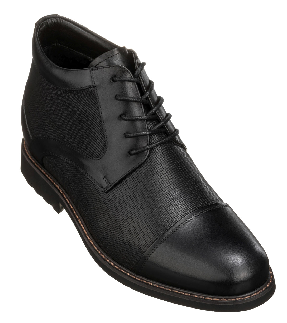 Black leather ankle boot with lace-up front and side panel stitching