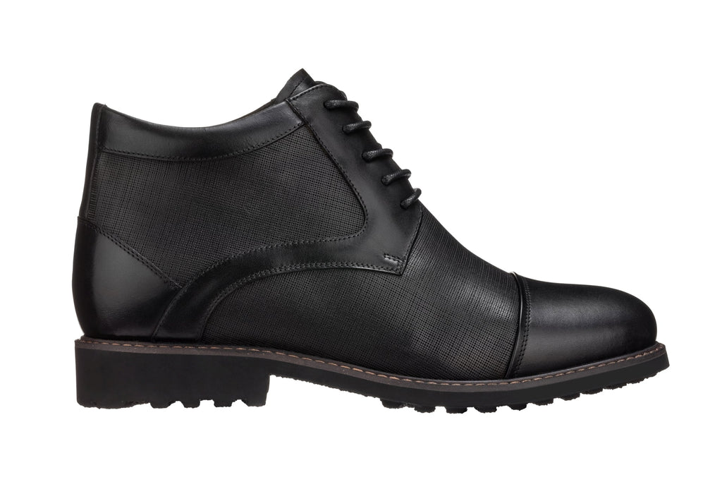 Black leather lace-up boot with thick sole and textured upper