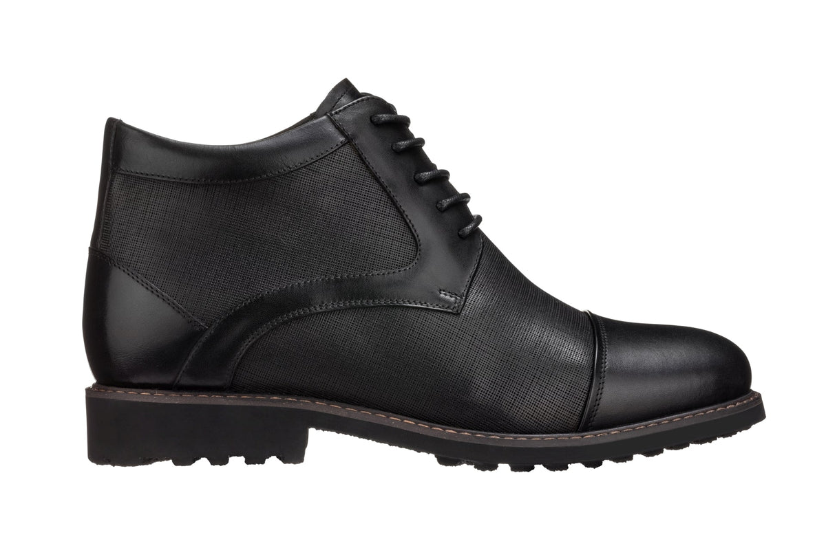 Black leather lace-up boot with thick sole and textured upper