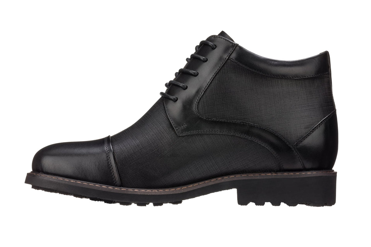 Black leather lace-up boot with cushioned collar and rugged sole
