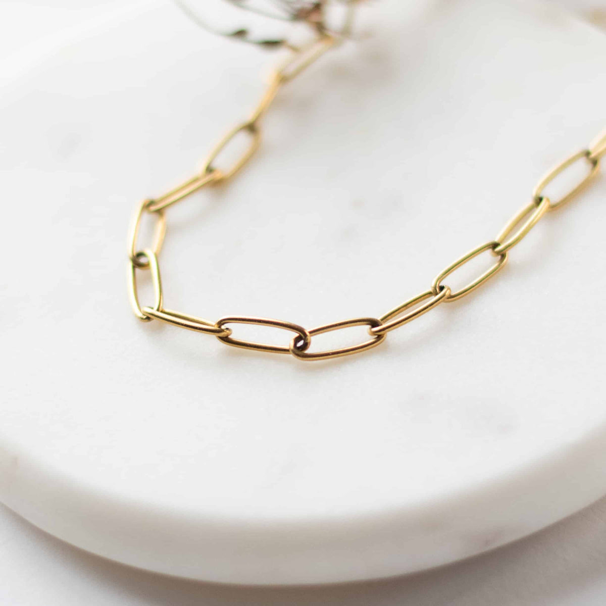 Close-up of gold-tone oval-link necklace with small central charm
