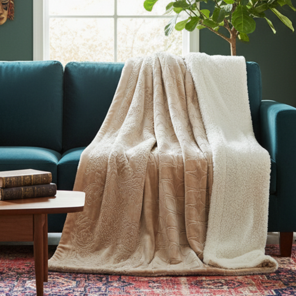 Beige sherpa throw blanket with embossed bubbly pattern and fuzzy sherpa border