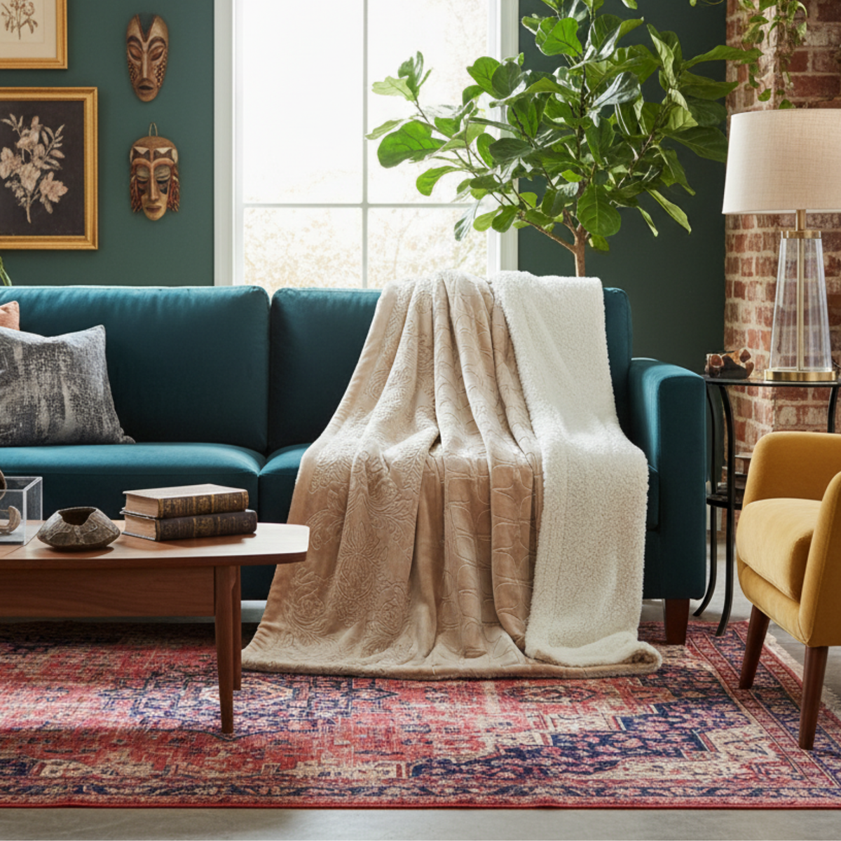 Beige embossed sherpa throw blanket draped over sofa, soft fuzzy border