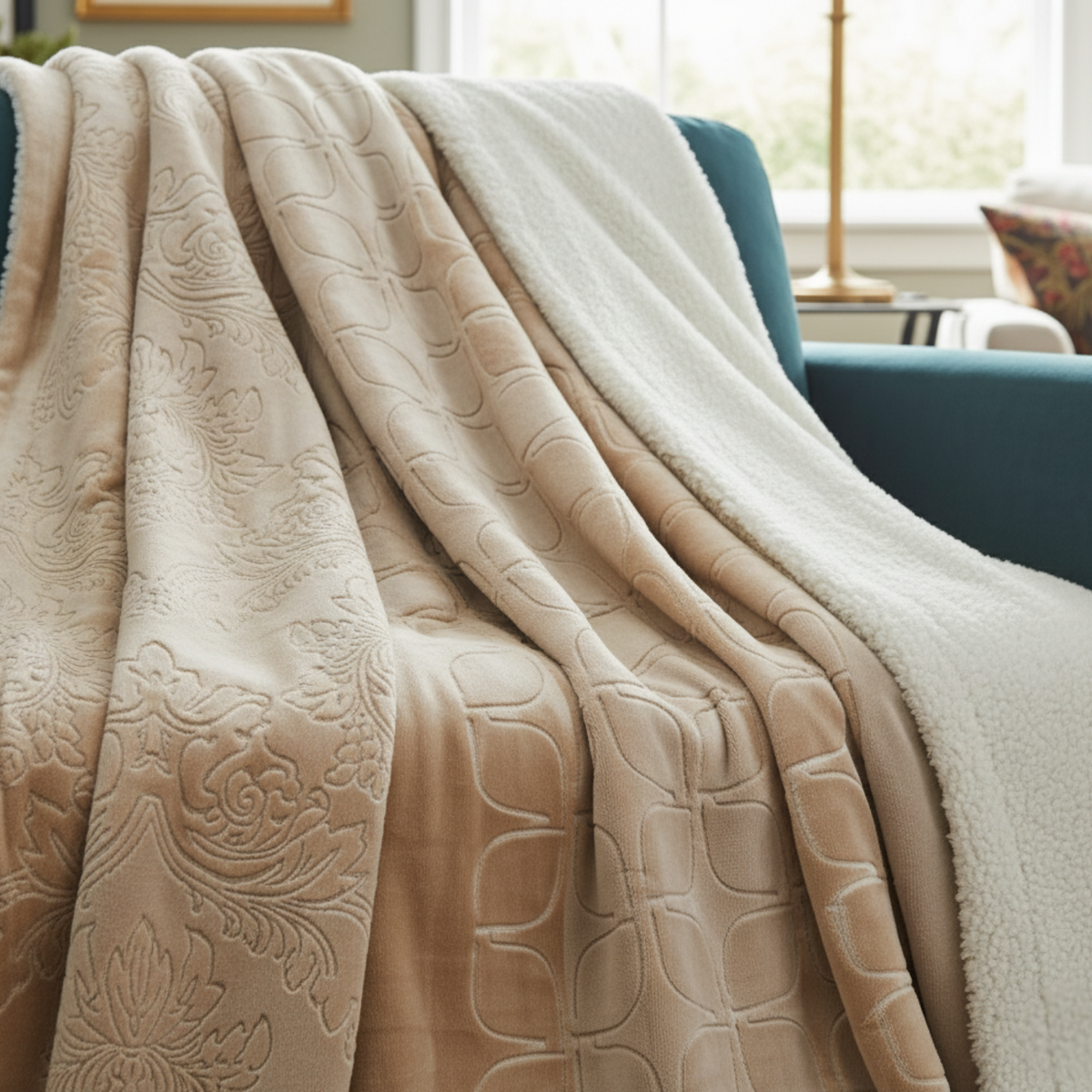 Beige embossed sherpa throw blanket with bubbly pattern and soft plush edge