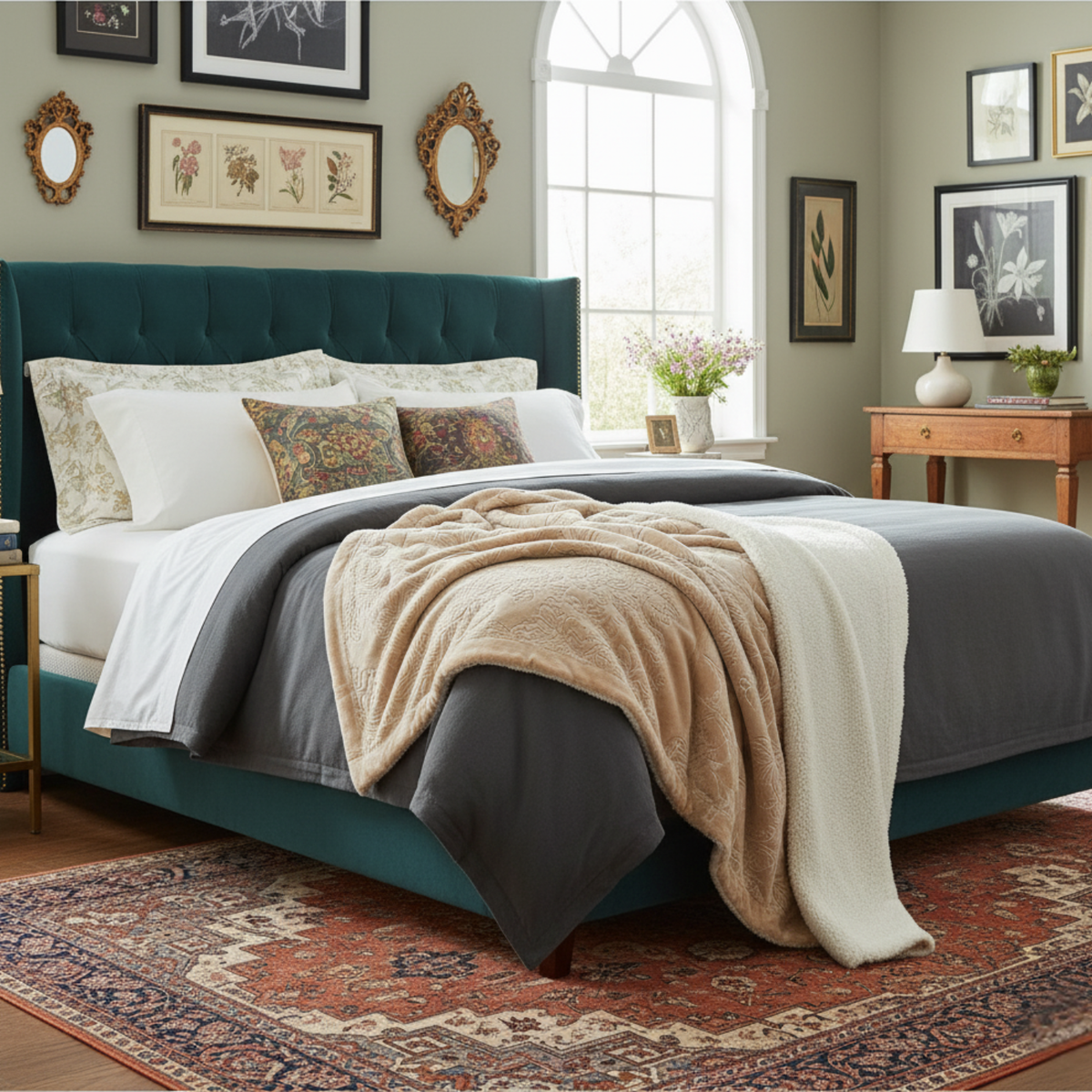 Beige sherpa throw blanket folded on bed with embossed bubbly design