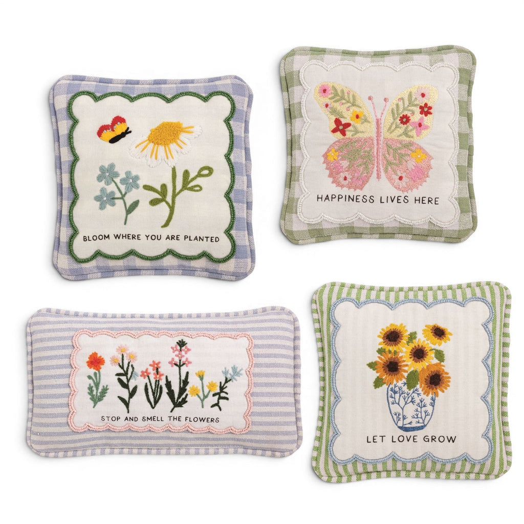 Embroidered mini accent pillow with bird and sunflower, green scalloped border, “Bloom Where You Are Planted”