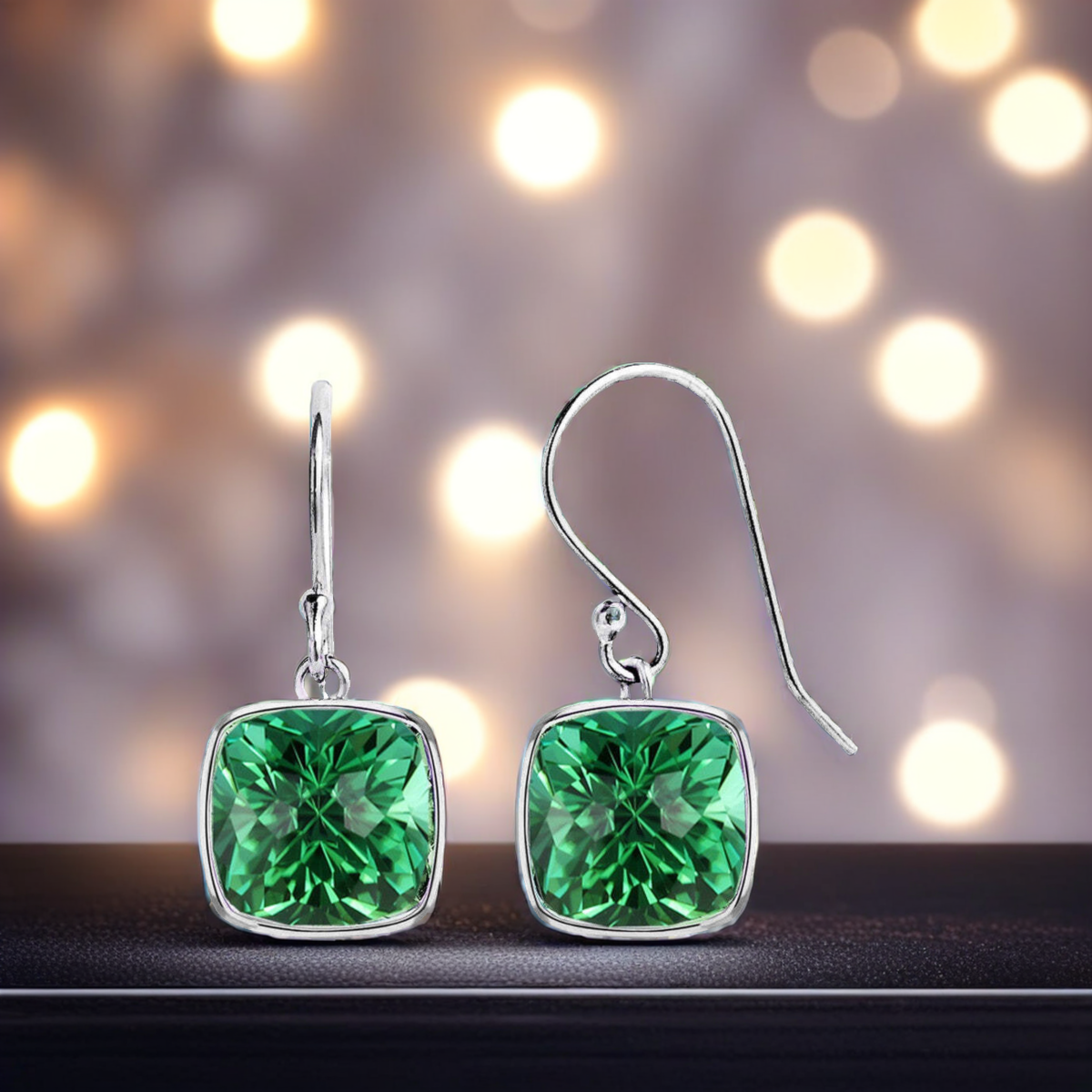Sterling silver drop earrings with square green cushion-cut gemstone