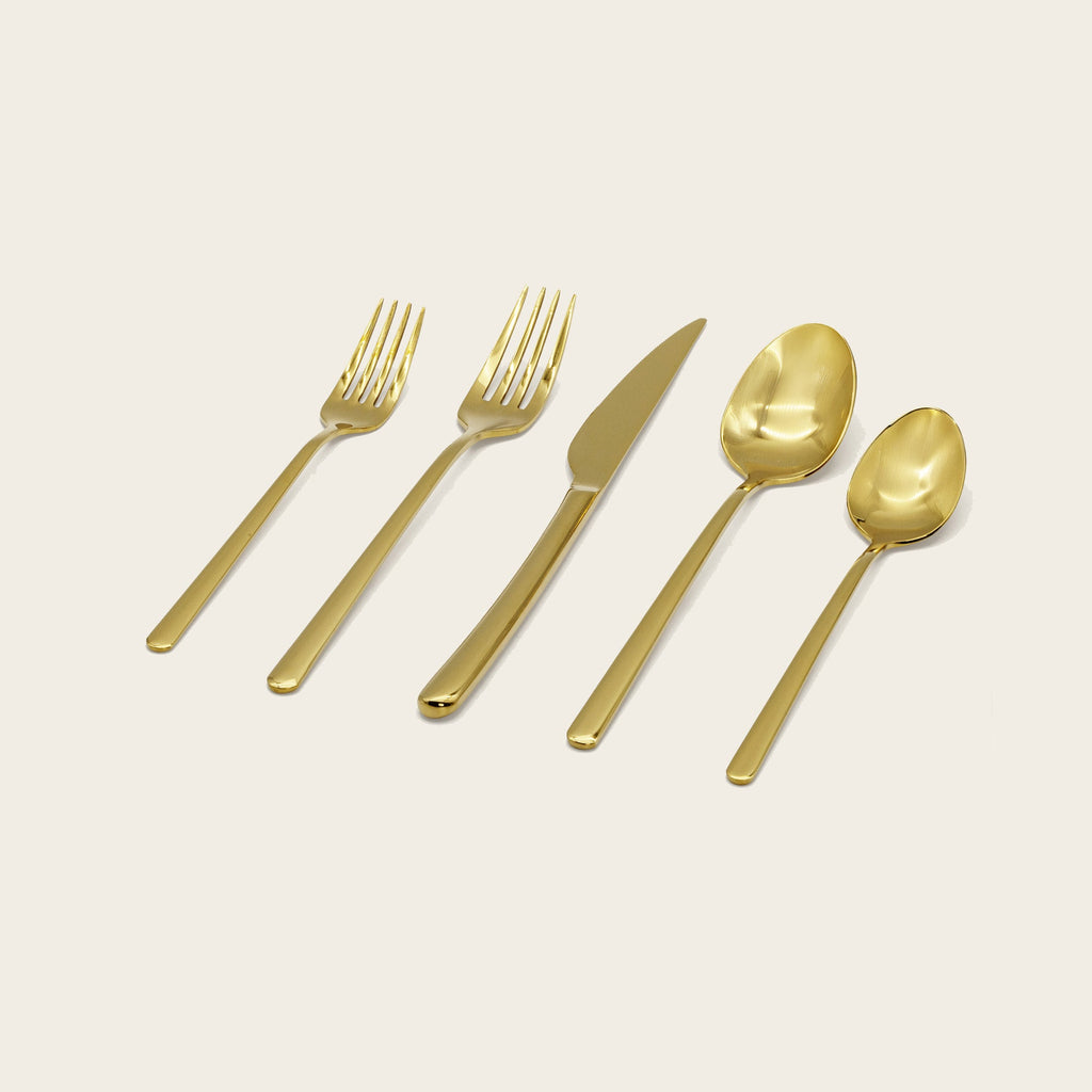 Gold mirror-finish dinner flatware set: forks, knives, and spoons