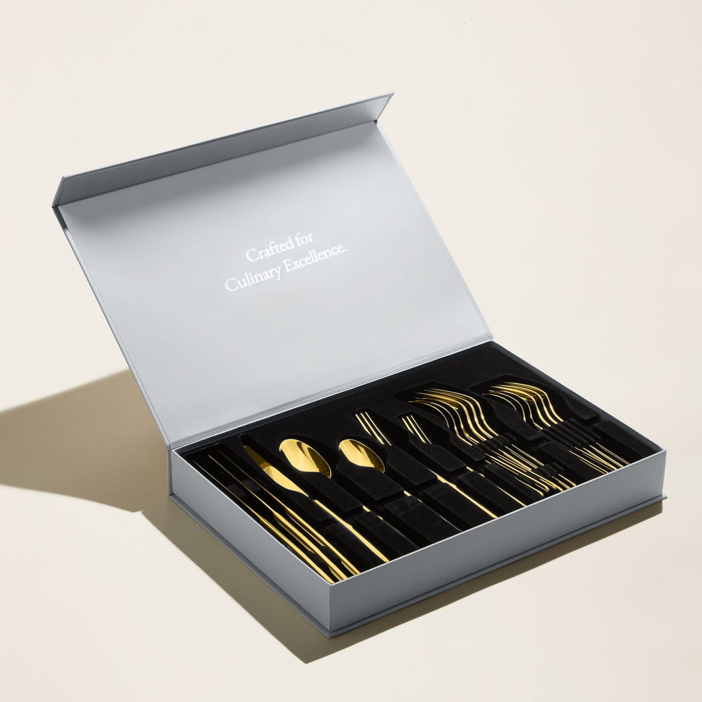 Gold mirror-finish flatware set, 20-piece box with polished utensils