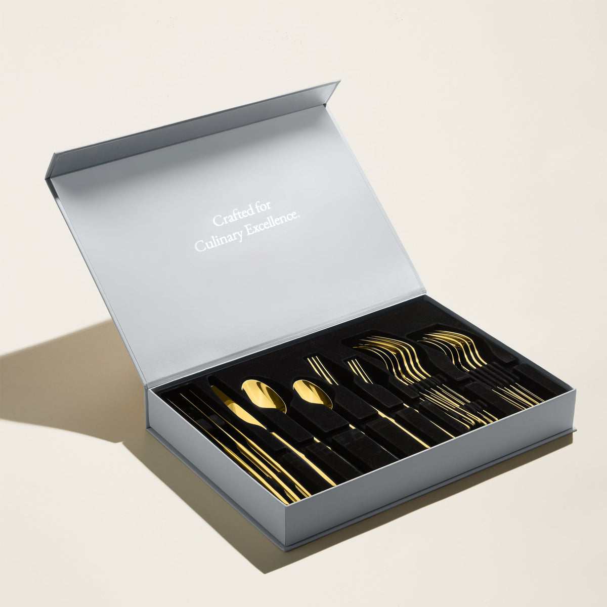 Gold mirror-finish flatware set, 20-piece box with polished utensils
