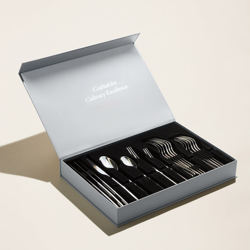 Silver mirror-finish 20-piece flatware set in open gift box tray