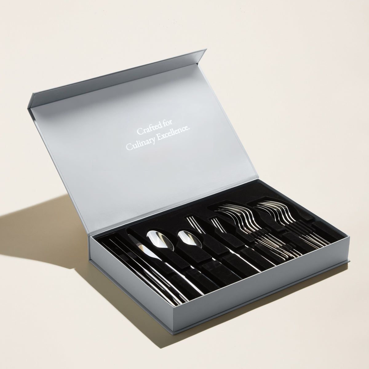 Silver mirror-finish 20-piece flatware set in open gift box tray
