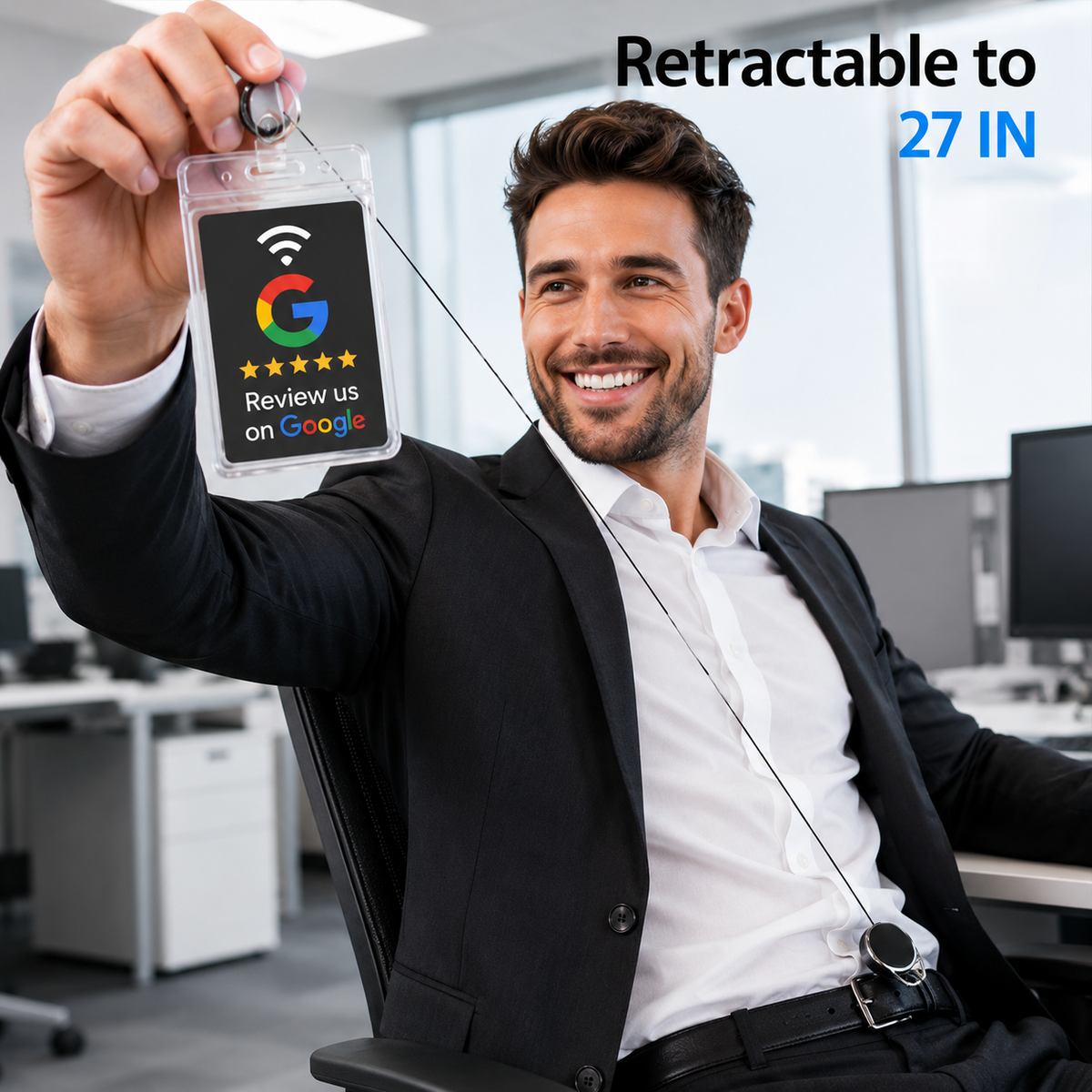 Man holding retractable badge reel with carabiner and review card extended