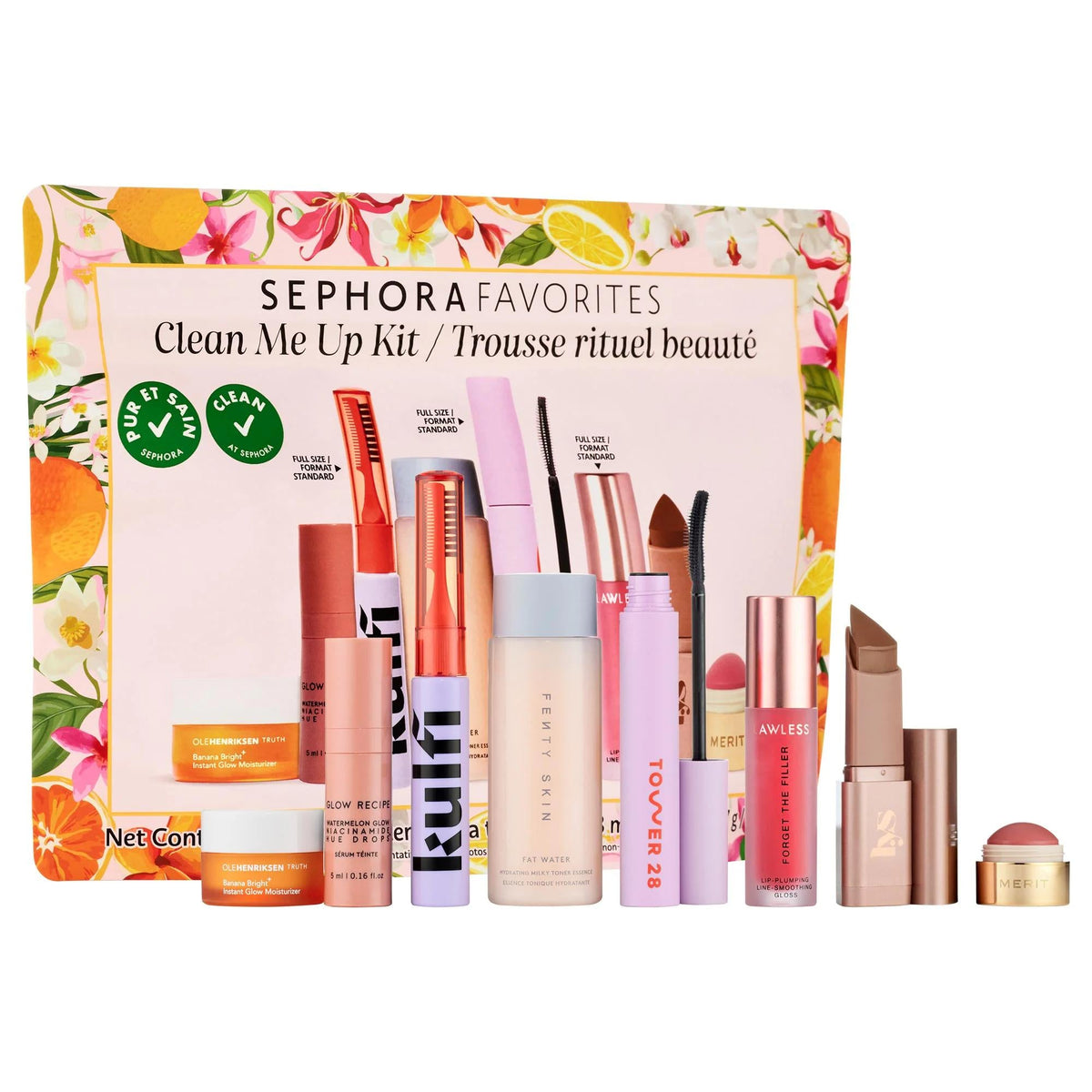Clean beauty makeup and skincare value set in a floral gift box with assorted tubes