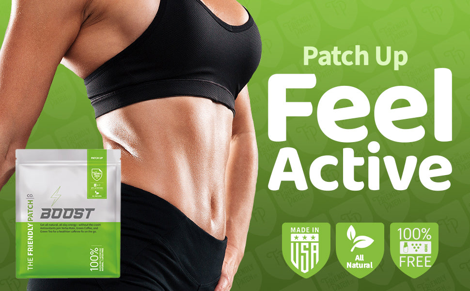 Green energy patch on woman’s abdomen with Boost patch box