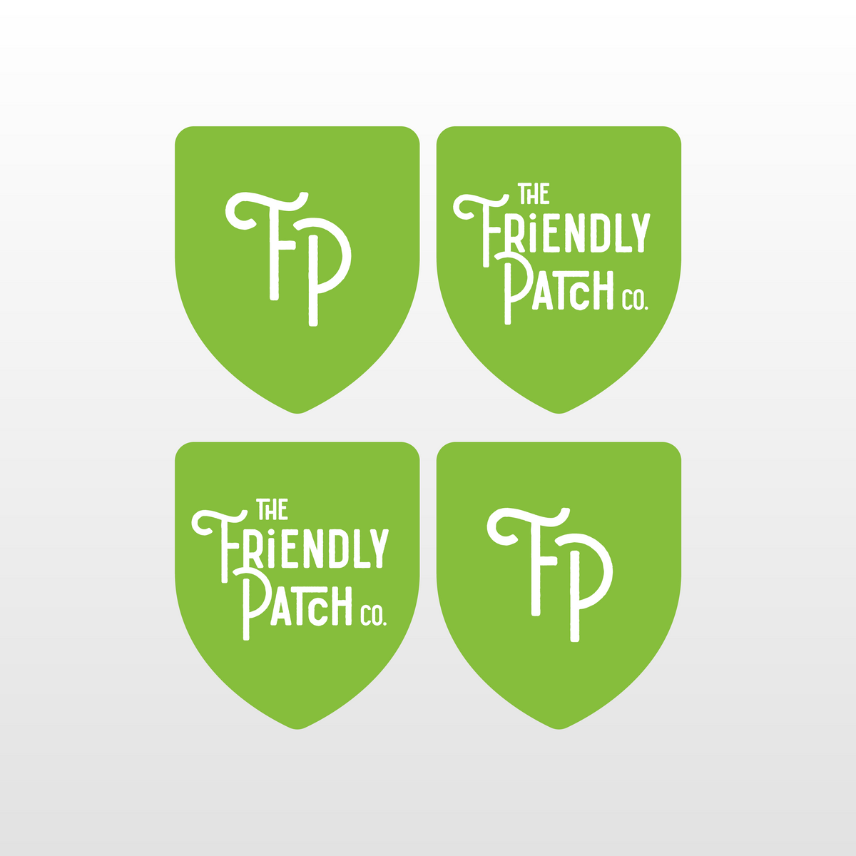 Four green The Friendly Patch co. shield logos