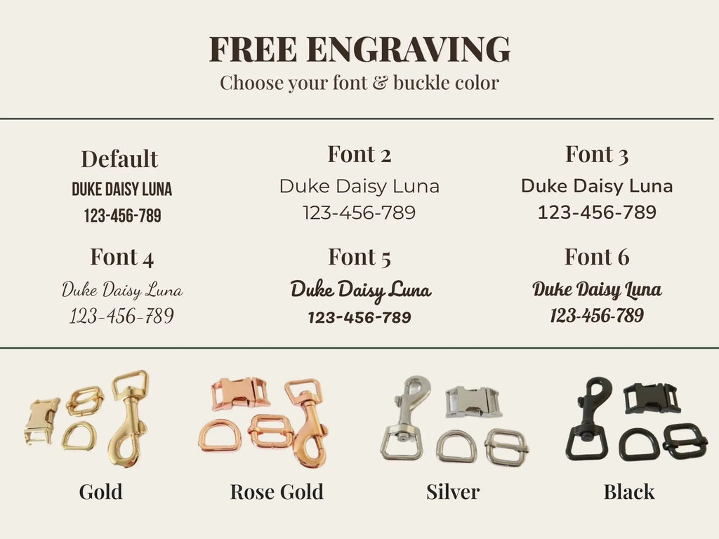 Metal buckle and ID engraving finish options: gold, rose gold, silver, black