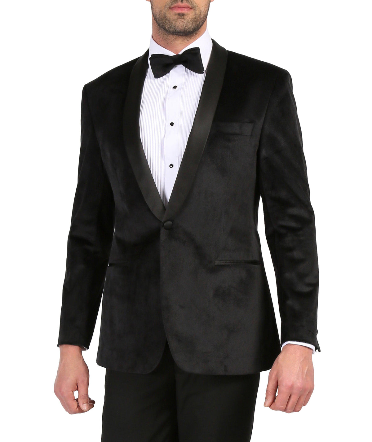 Men's black velvet tuxedo jacket with satin shawl lapels, front view