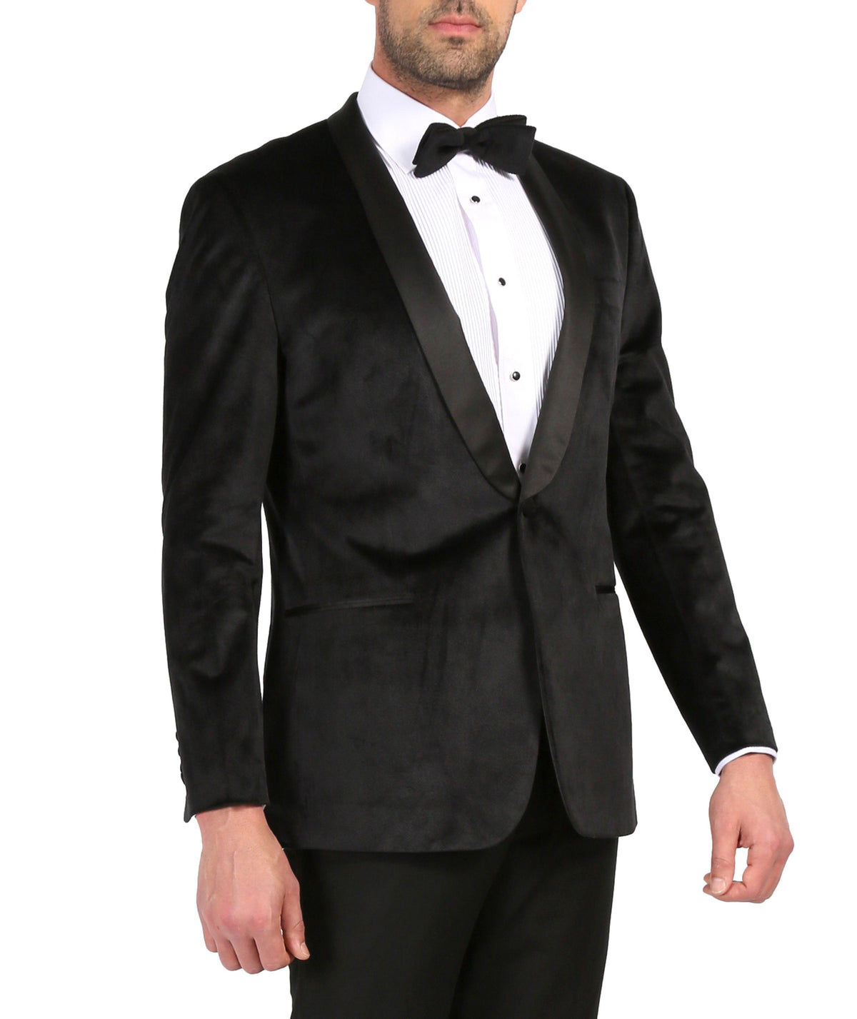Men's black velvet tuxedo jacket with shawl lapels, angled front view