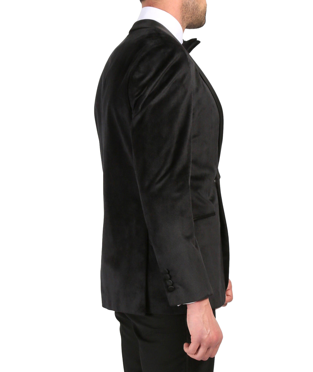 Men's black velvet tuxedo jacket, side profile with welt pocket and sleeve cuff