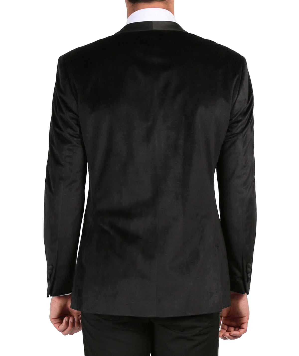 Men's black velvet tuxedo jacket, back view with smooth center back