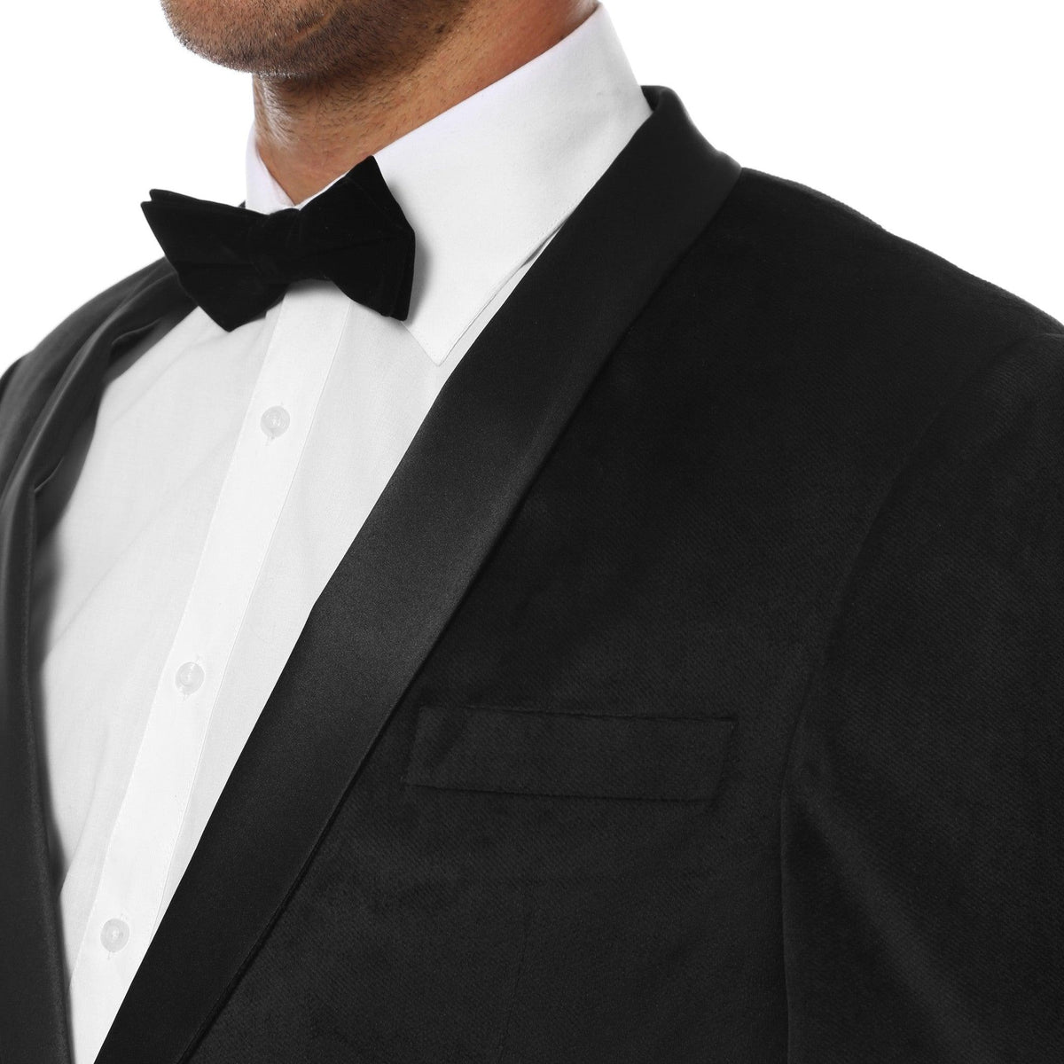 Men's black velvet tuxedo jacket close-up of shawl lapel and chest welt pocket