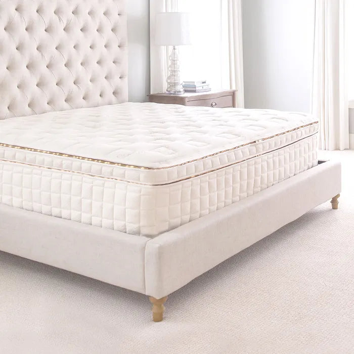 Organic pillow top mattress with quilted white top and boxy padded sides