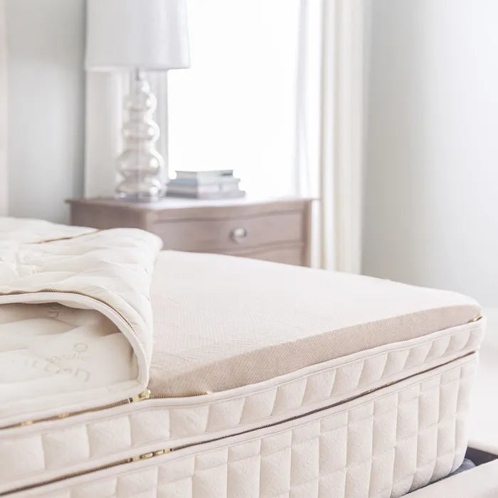Organic pillow top mattress with white quilted cover and gold-toned zipper trim