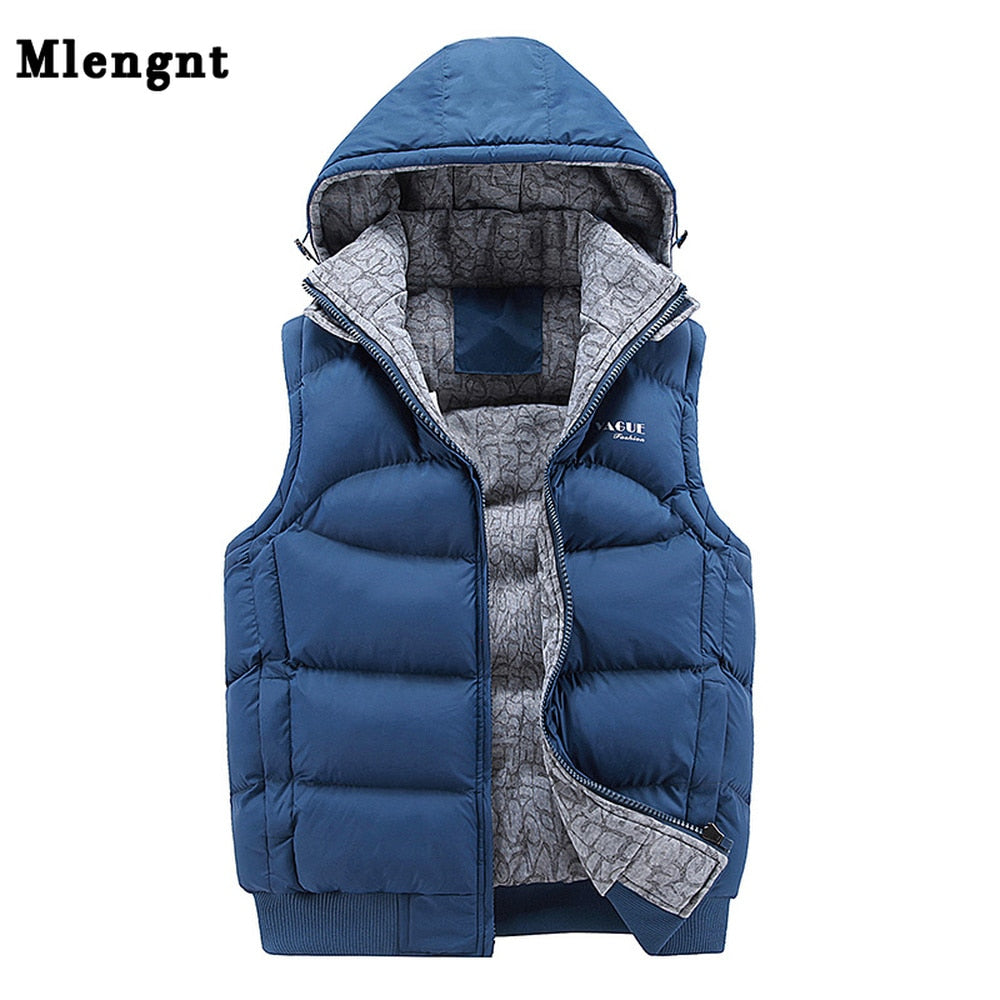 Blue sleeveless hooded puffer vest with front zip and gray patterned lining