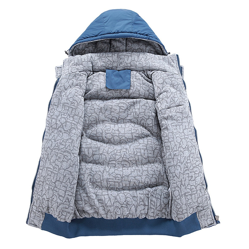 Gray patterned sleeveless hooded puffer vest with blue hood lining and zip