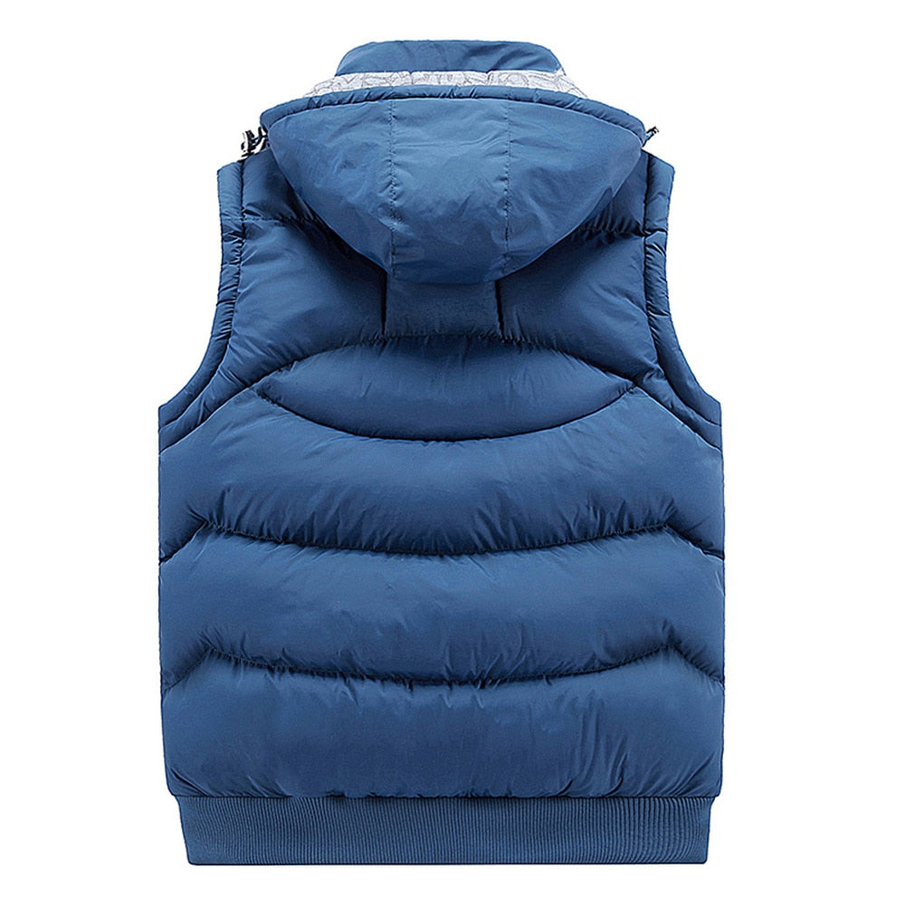 Blue sleeveless hooded puffer vest back view with ribbed hem