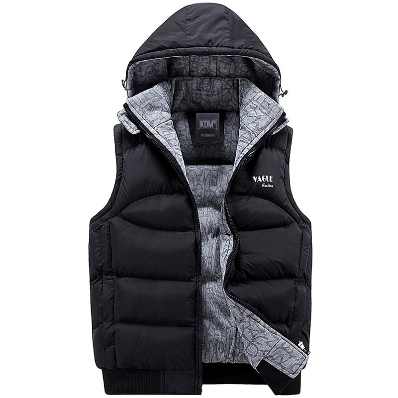 Black sleeveless hooded puffer vest with gray patterned lining and front zip