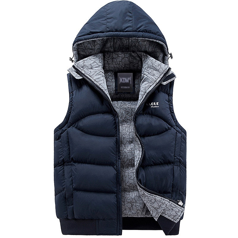 Navy blue sleeveless hooded puffer vest with gray patterned inner lining