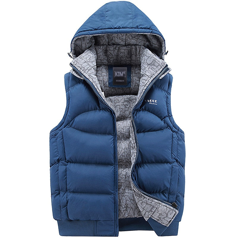 Sky blue sleeveless hooded puffer vest with gray patterned lining and zip