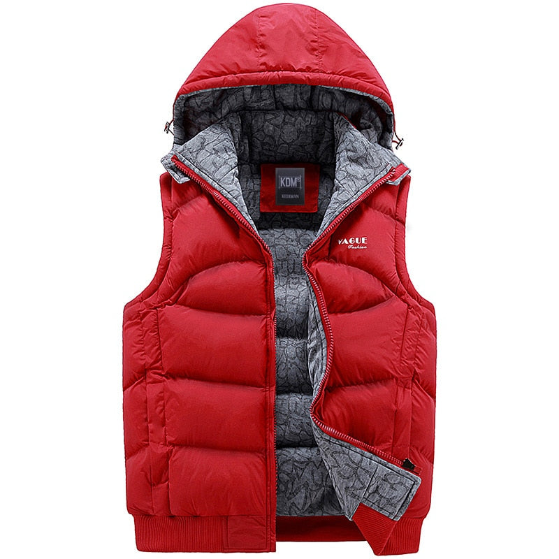 Red sleeveless hooded puffer vest with gray patterned inner lining and zipper