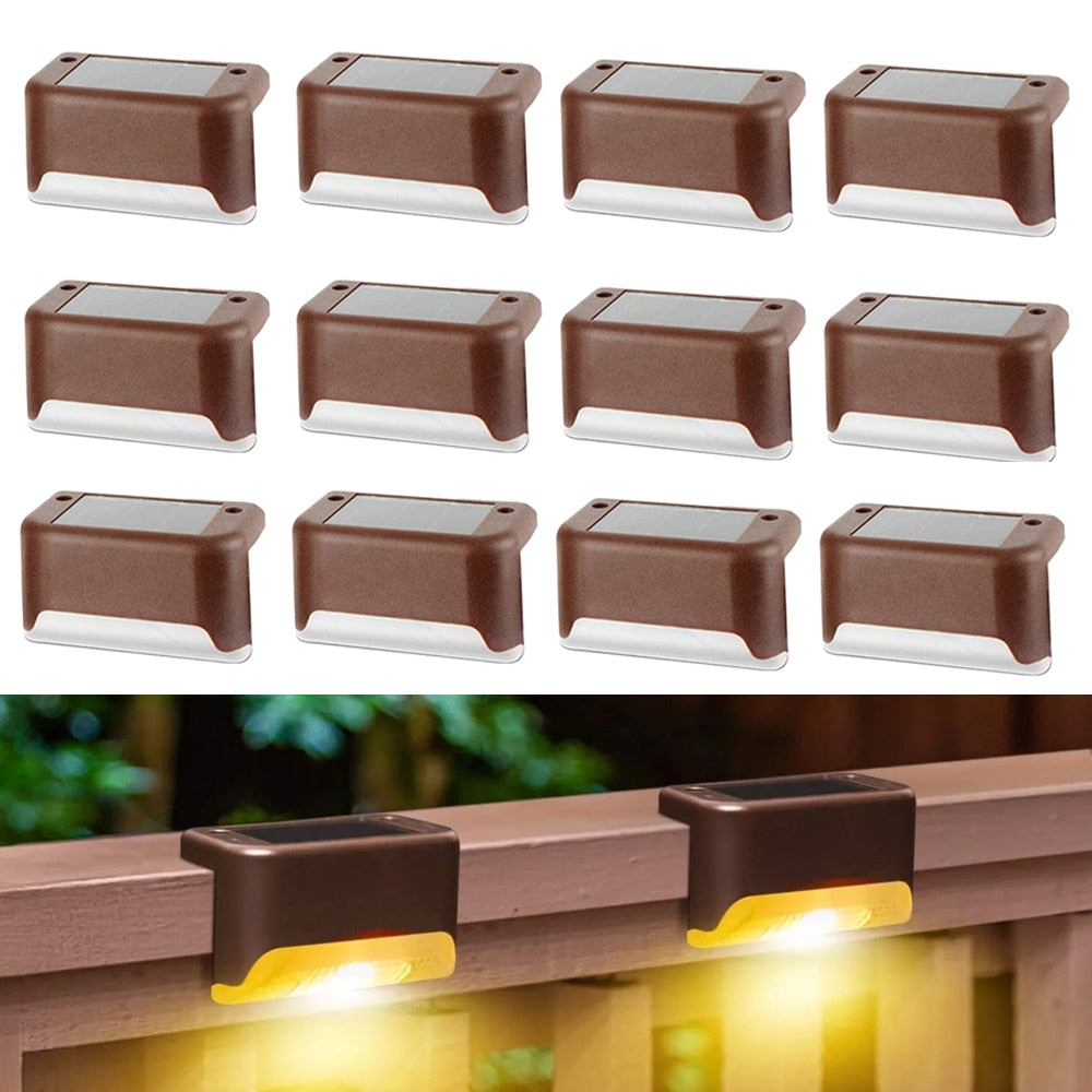 Brown solar step light set with warm LED glow, multiple units