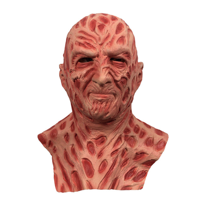 Full-face horror mask with mottled red skin texture and carved facial lines