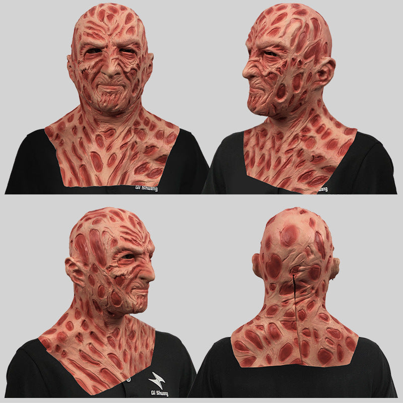 Full-face horror mask shown from front and side angles with red textured prosthetic