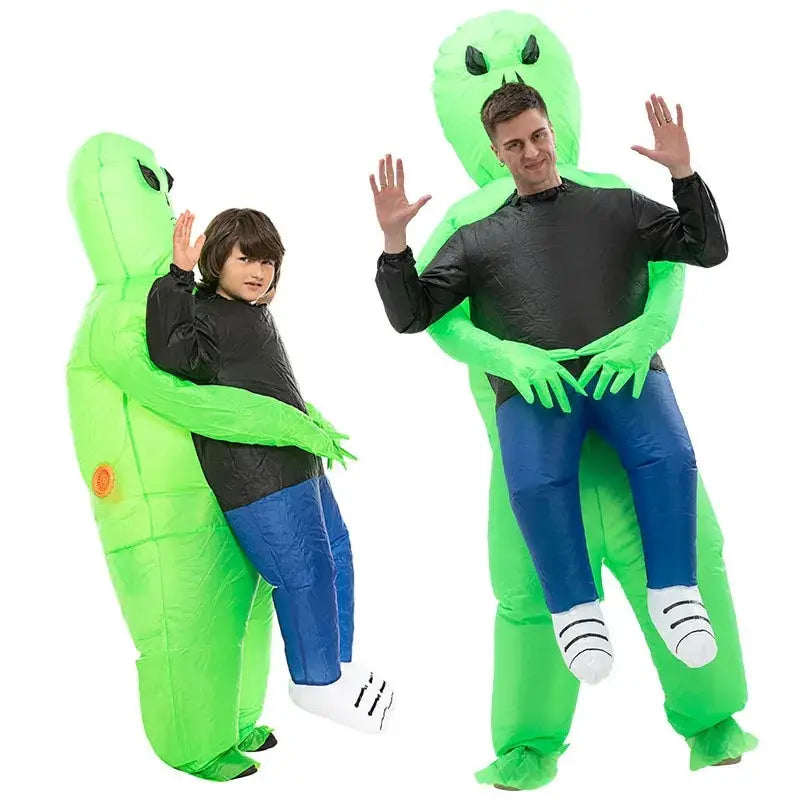 Green inflatable alien costume with black belly panel, blue pants, claw hands and antenna head