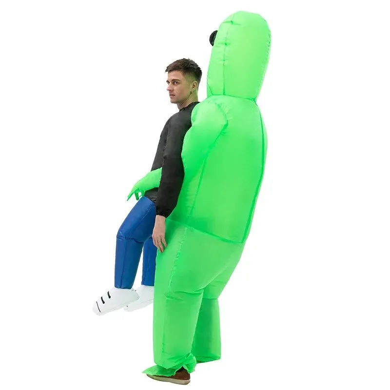 Green inflatable alien costume, side view with hooded head, black chest, and blue legs
