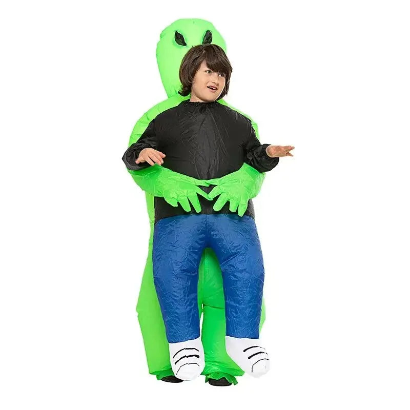 Inflatable alien costume with green hood, black belly, blue legs, claw hands, and striped feet