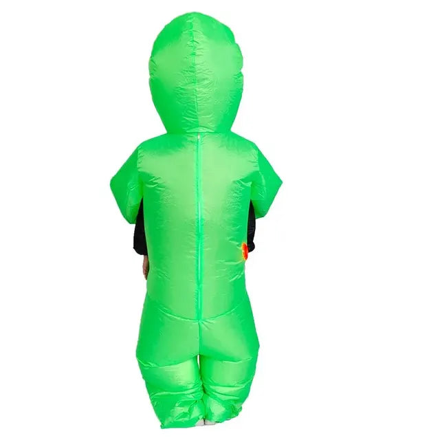 Green inflatable alien costume, back view with hooded head and center back zipper
